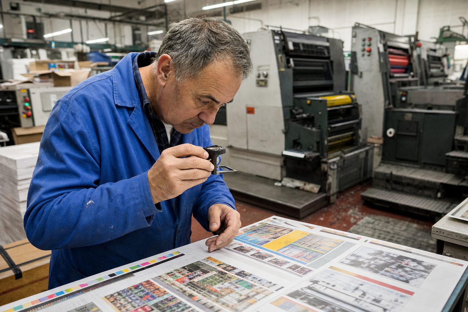 Impresor gráfico revisando pruebas de color